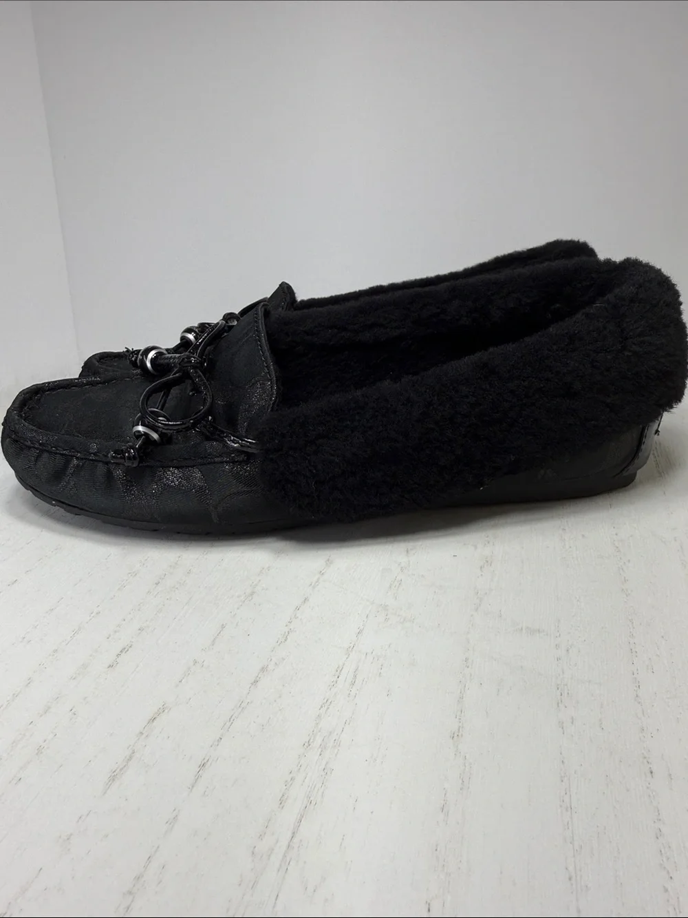 Coach Black Signature Jacquard Bow-Accent Shearling Moccasins